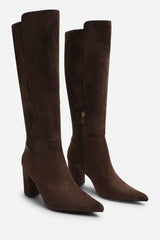 Georgina Stretch Suede Knee High Pointed Boots In Dark Brown