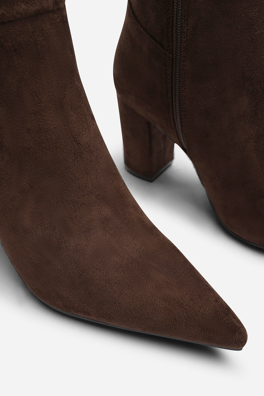 Georgina Stretch Suede Knee High Pointed Boots In Dark Brown