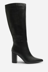 Evixa Knee High Pointed Toe Block Heel Boot