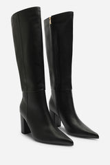 Evixa Knee High Pointed Toe Block Heel Boot