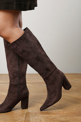 Evixa Knee High Pointed Toe Block Heel Boot