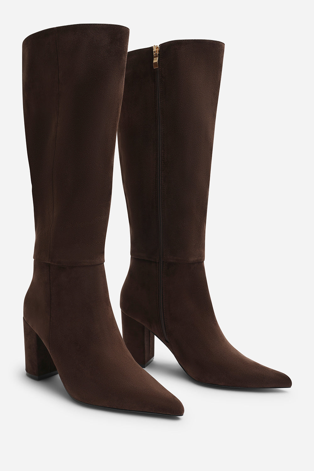 Evixa Knee High Pointed Toe Block Heel Boot