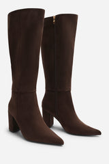 Evixa Knee High Pointed Toe Block Heel Boot