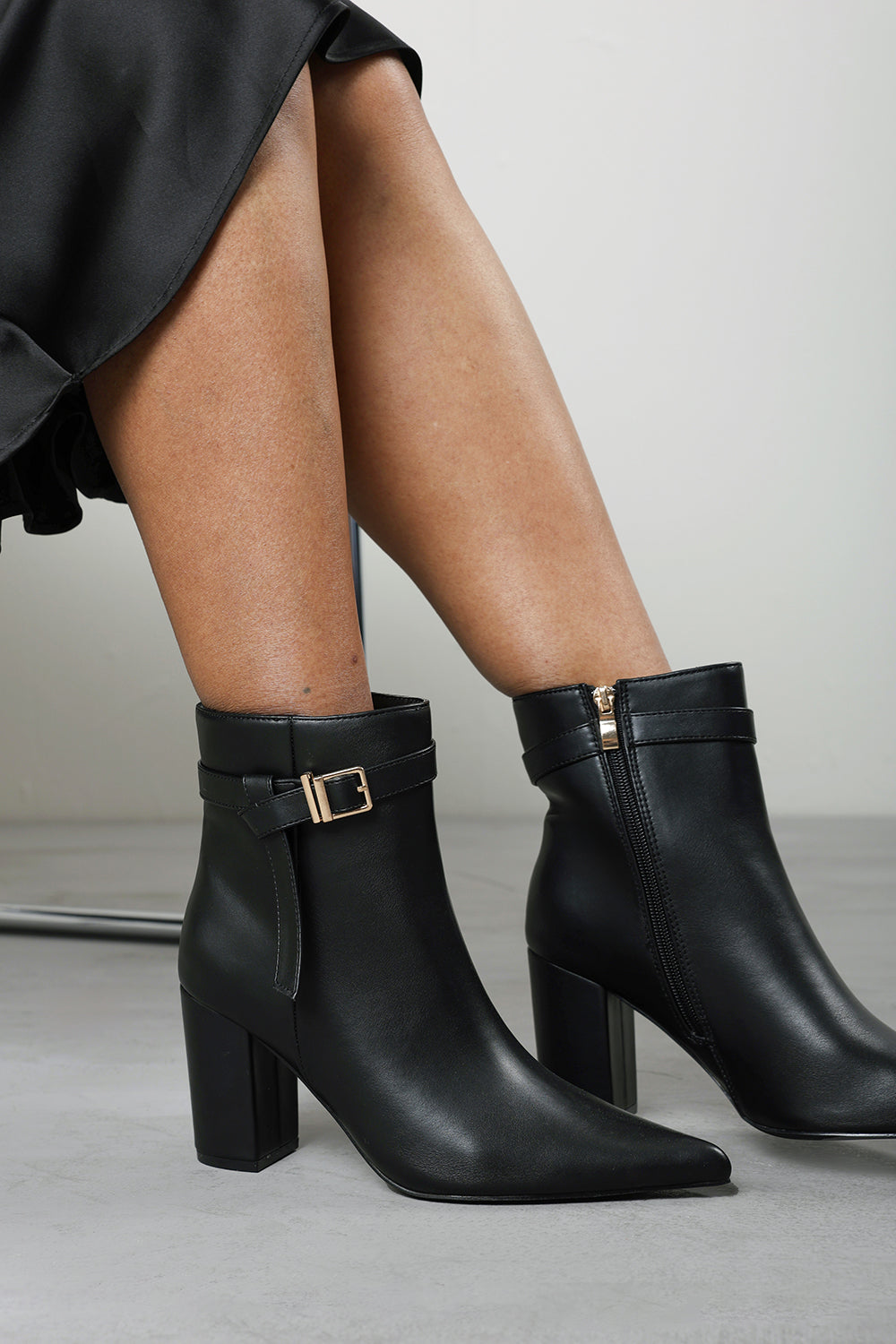 Evania Black Buckle Strap Detail Block Heeled Ankle Boot