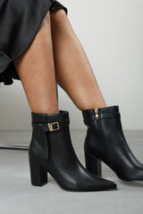 Evania Black Buckle Strap Detail Block Heeled Ankle Boot