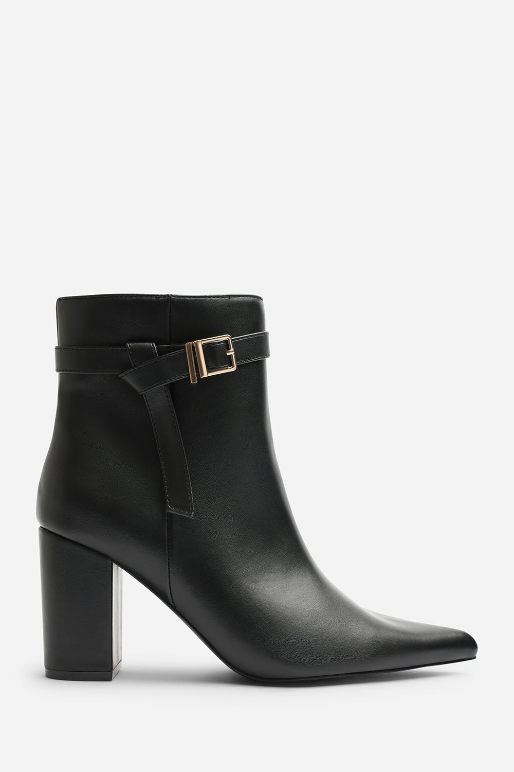Evania Black Buckle Strap Detail Block Heeled Ankle Boot