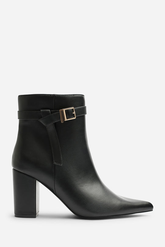 Evania Black Buckle Strap Detail Block Heeled Ankle Boot