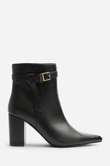 Evania Black Buckle Strap Detail Block Heeled Ankle Boot