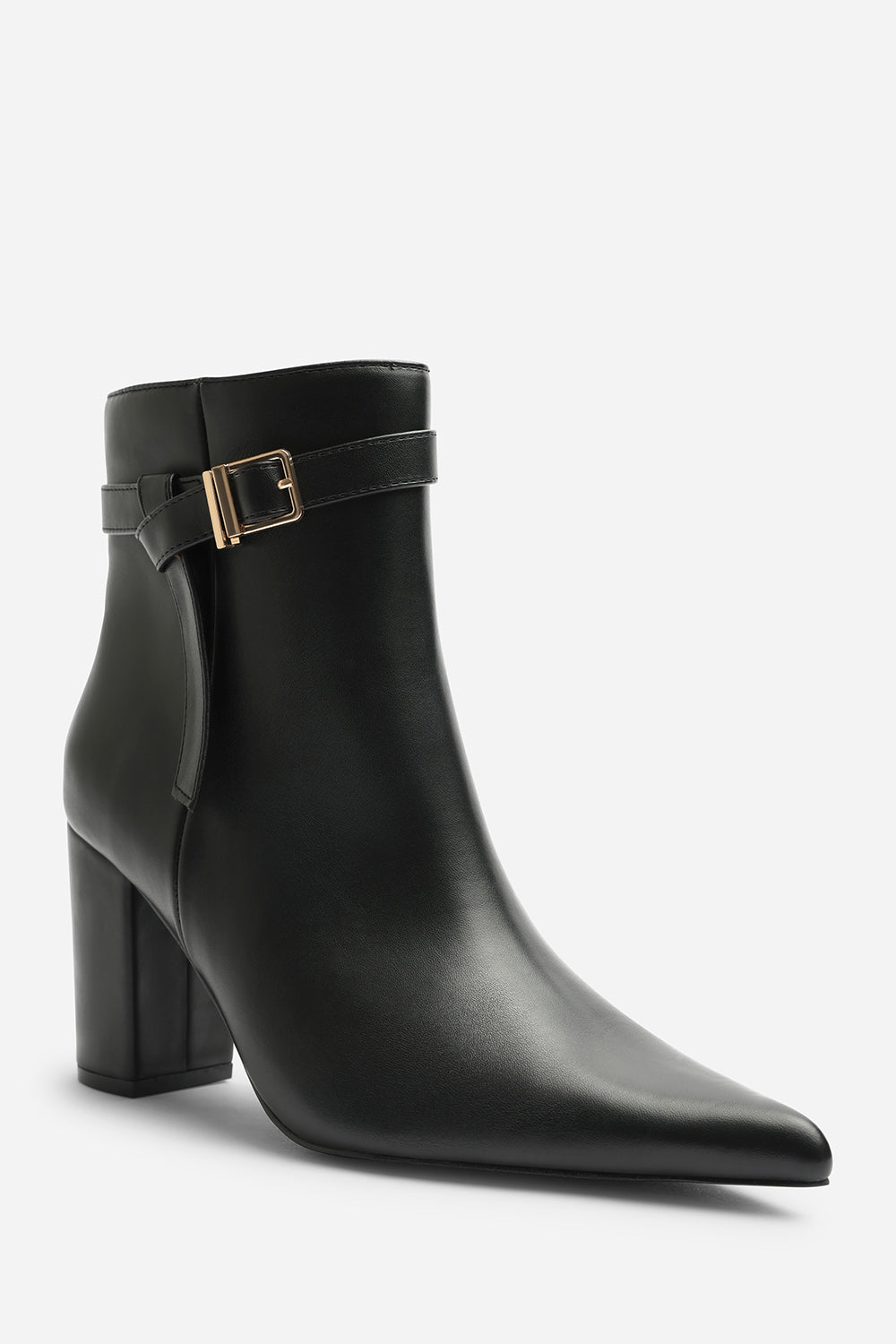 Evania Black Buckle Strap Detail Block Heeled Ankle Boot