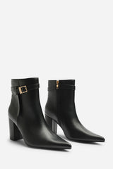 Evania Black Buckle Strap Detail Block Heeled Ankle Boot