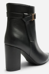 Evania Black Buckle Strap Detail Block Heeled Ankle Boot