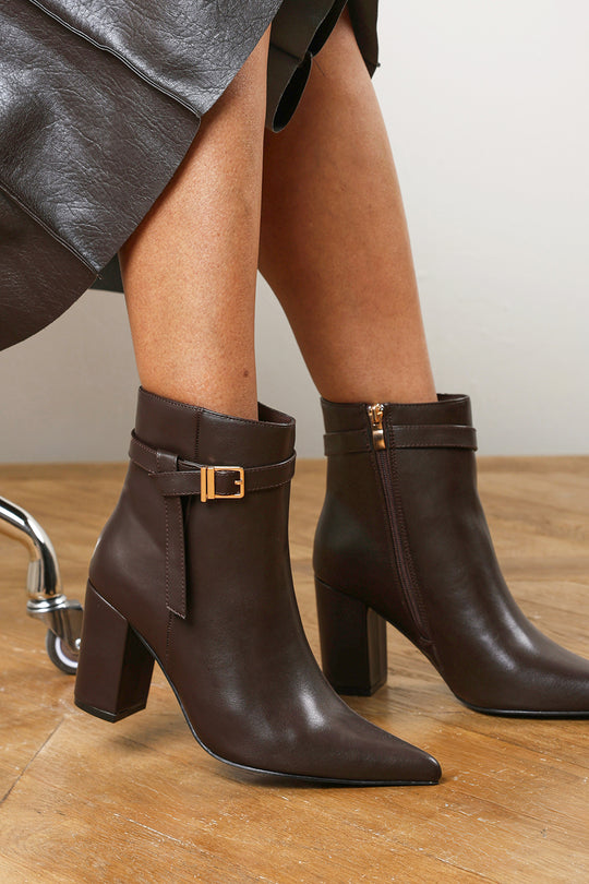 Evania Dark Brown Buckle Strap Detail Block Heeled Ankle Boot