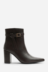 Evania Dark Brown Buckle Strap Detail Block Heeled Ankle Boot