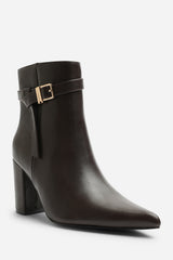 Evania Dark Brown Buckle Strap Detail Block Heeled Ankle Boot
