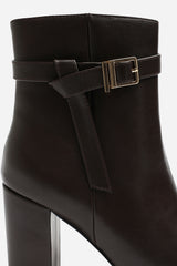 Evania Dark Brown Buckle Strap Detail Block Heeled Ankle Boot