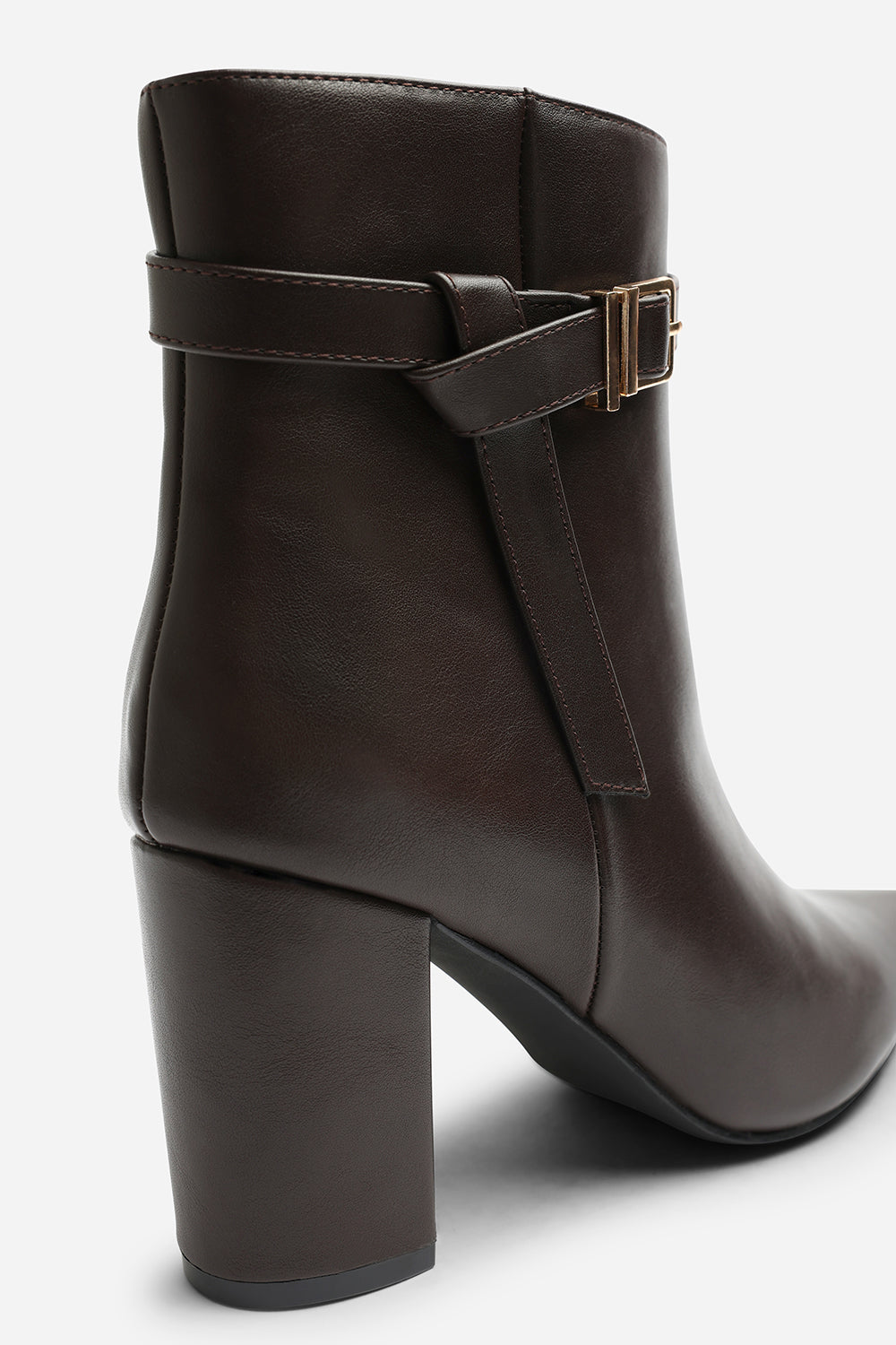 Evania Dark Brown Buckle Strap Detail Block Heeled Ankle Boot