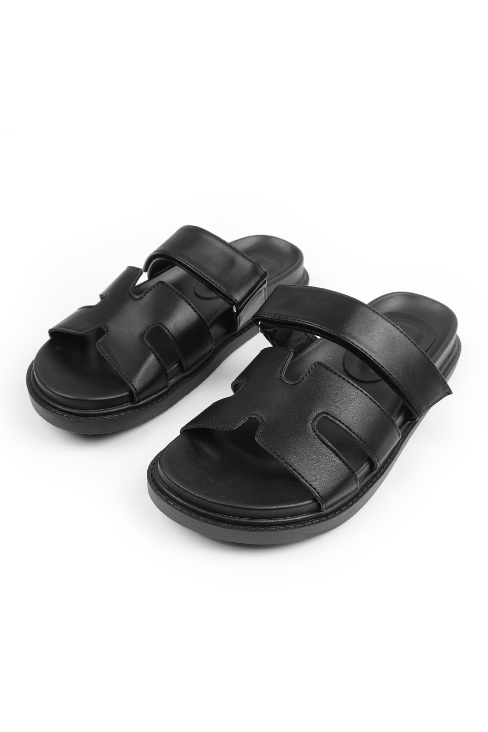Yvetta Black Cut Out Velcro Strap Footbed Sandals