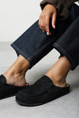 Idyxa Black Slip On Backless Loafer Mules with Penny Strap