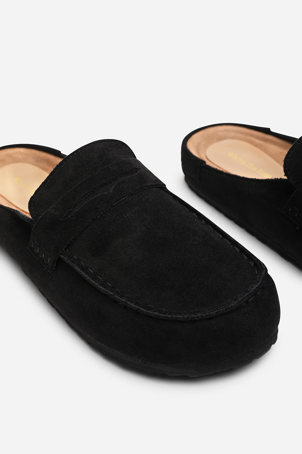 Idyxa Black Slip On Backless Loafer Mules with Penny Strap