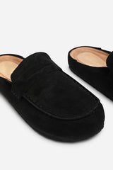 Idyxa Black Slip On Backless Loafer Mules with Penny Strap