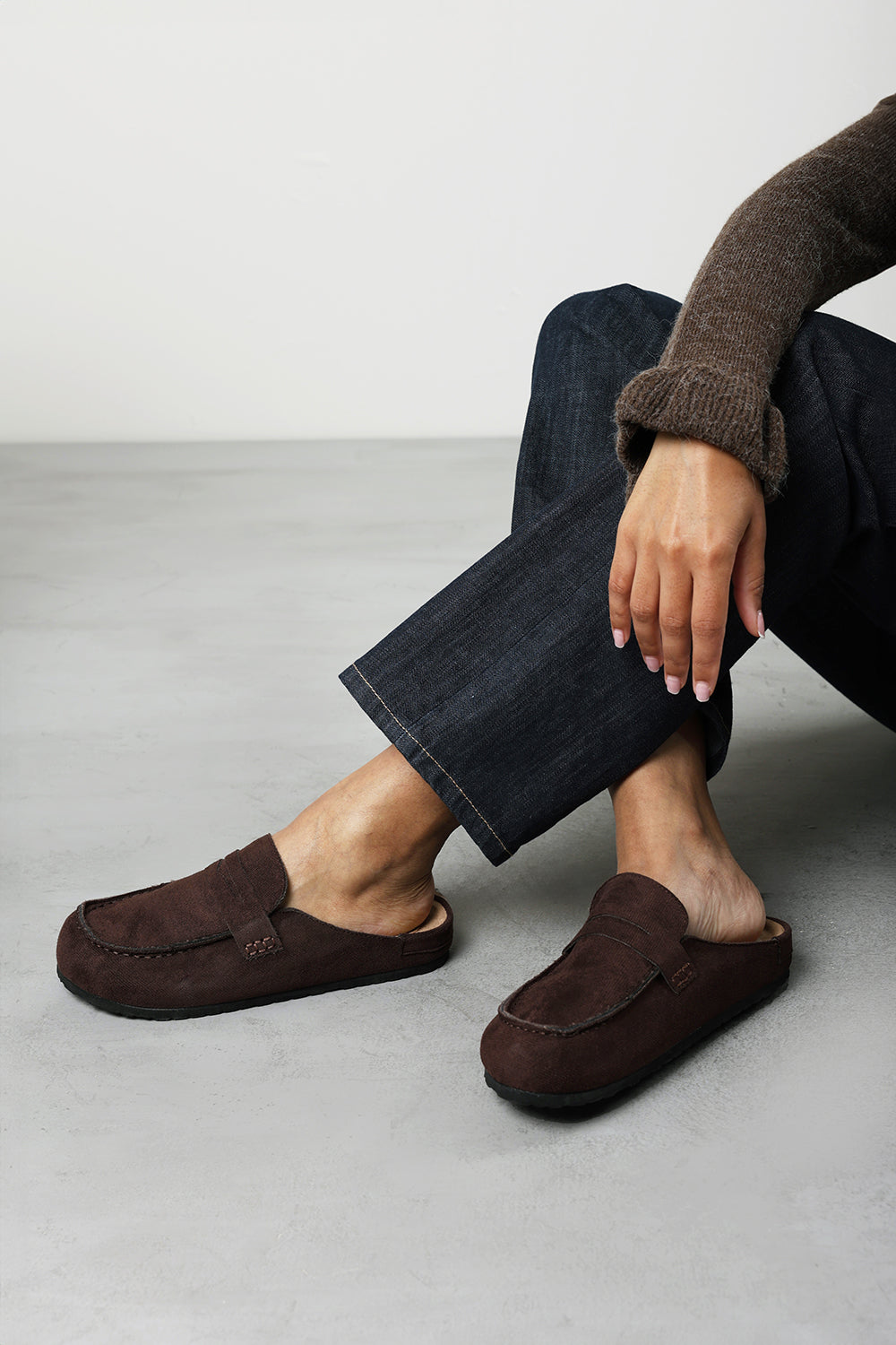 Idyxa Brown Slip On Backless Loafer Mules with Penny Strap