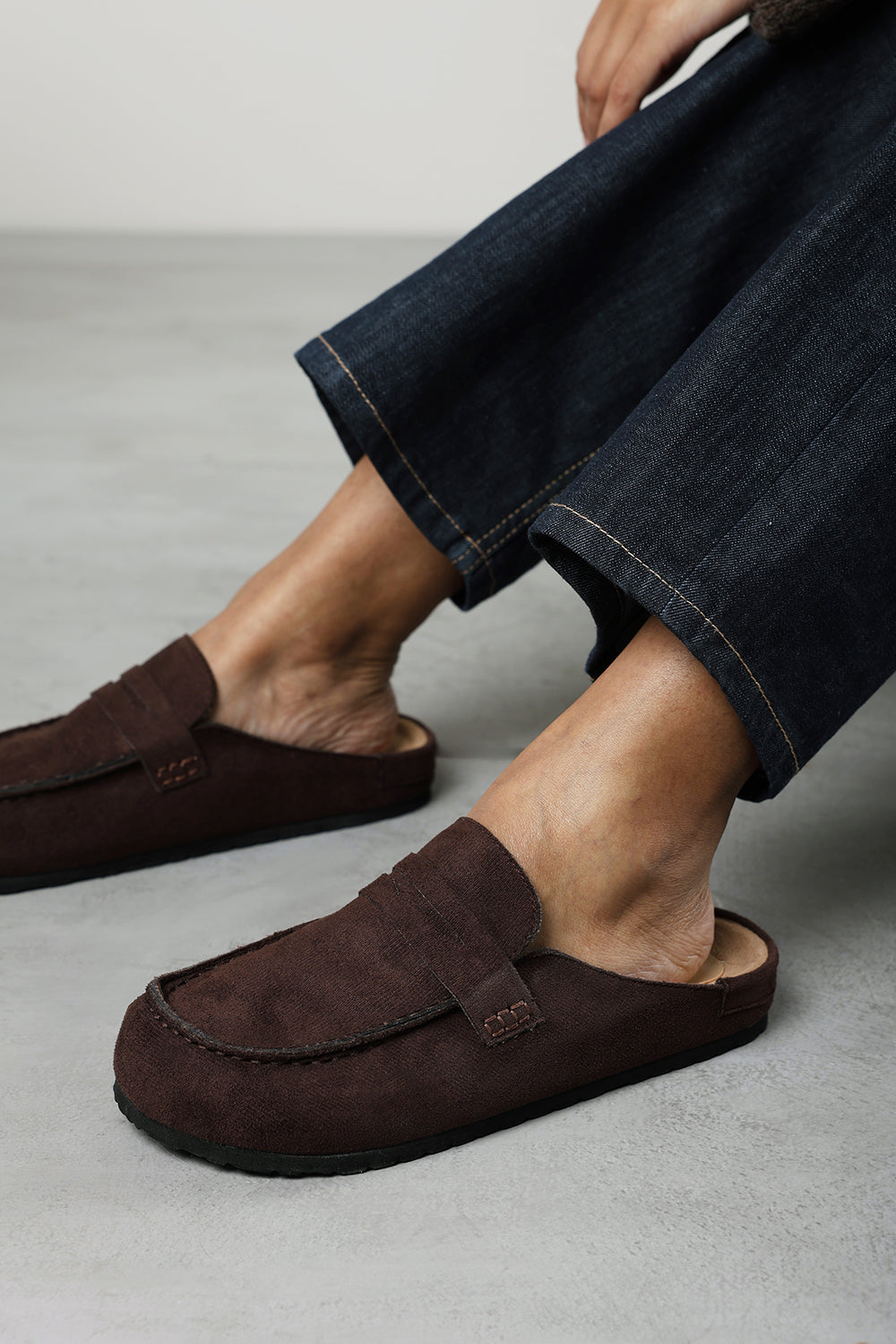Idyxa Brown Slip On Backless Loafer Mules with Penny Strap