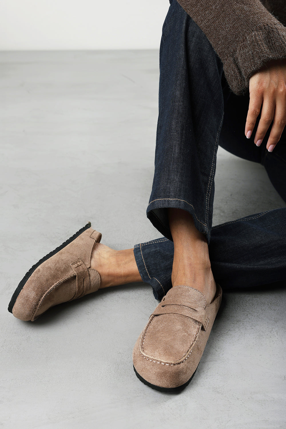 Idyxa Camel Slip On Backless Loafer Mules with Penny Strap