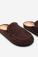 Idyxa Brown Slip On Backless Loafer Mules with Penny Strap