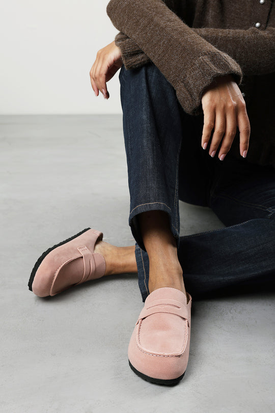 Idyxa Pink Slip On Backless Loafer Mules with Penny Strap