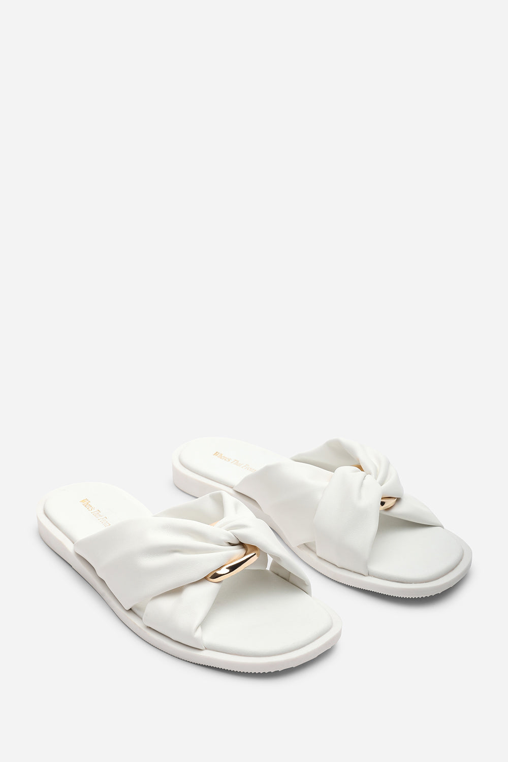 Brooklyne Twist Open Toe White Slide On Sandals