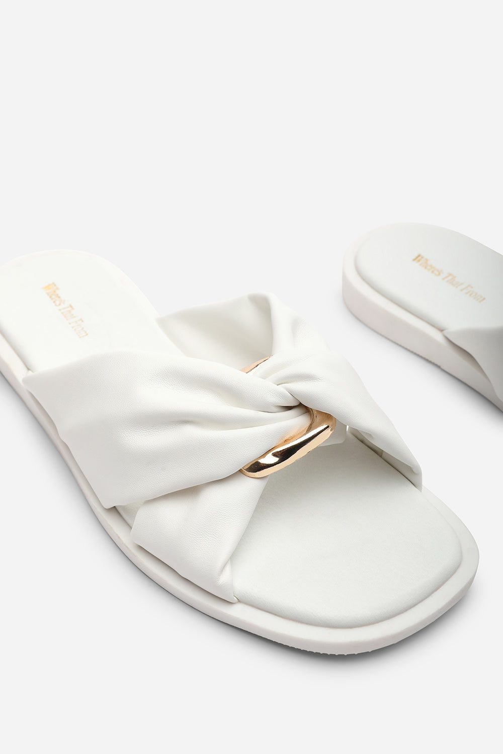 Brooklyne Twist Open Toe White Slide On Sandals