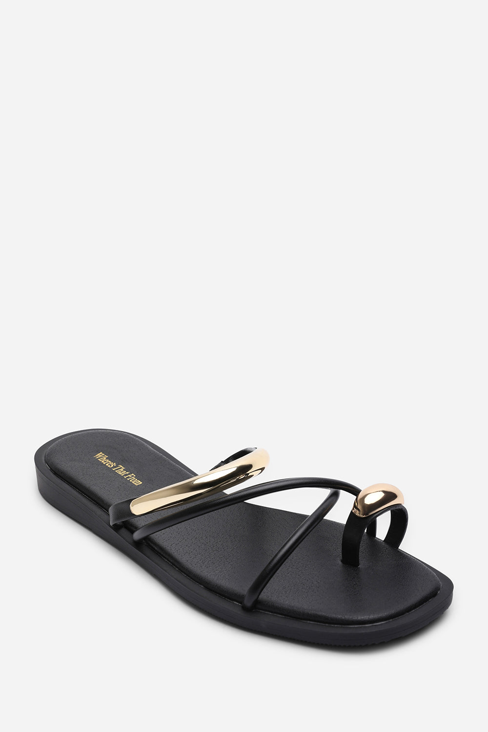 Zelina Strappy Metal Toe Loop Black Slide On Sandal