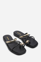 Zelina Strappy Metal Toe Loop Black Slide On Sandal