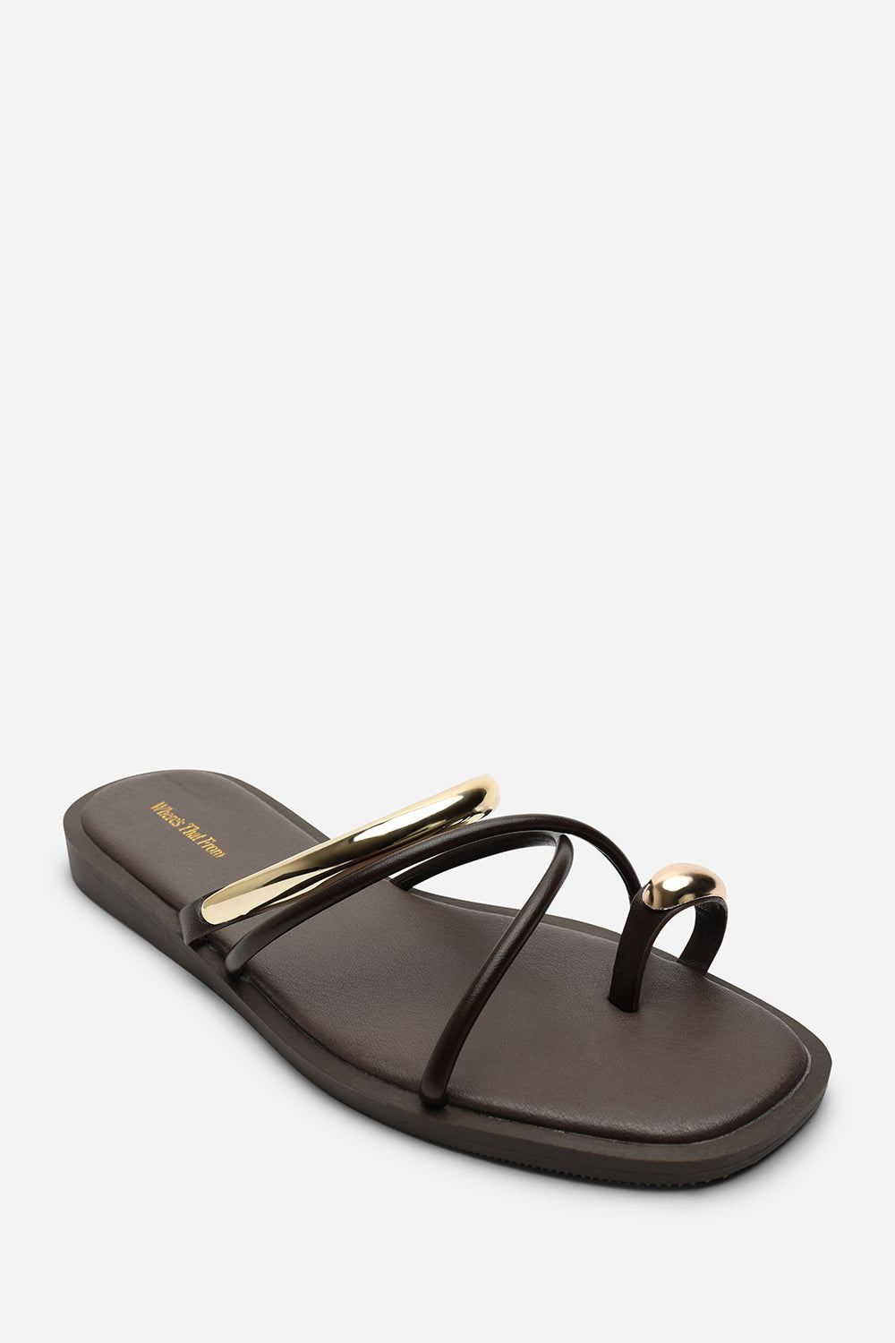 Zelina Strappy Metal Toe Loop Dark Brown Slide On Sandal