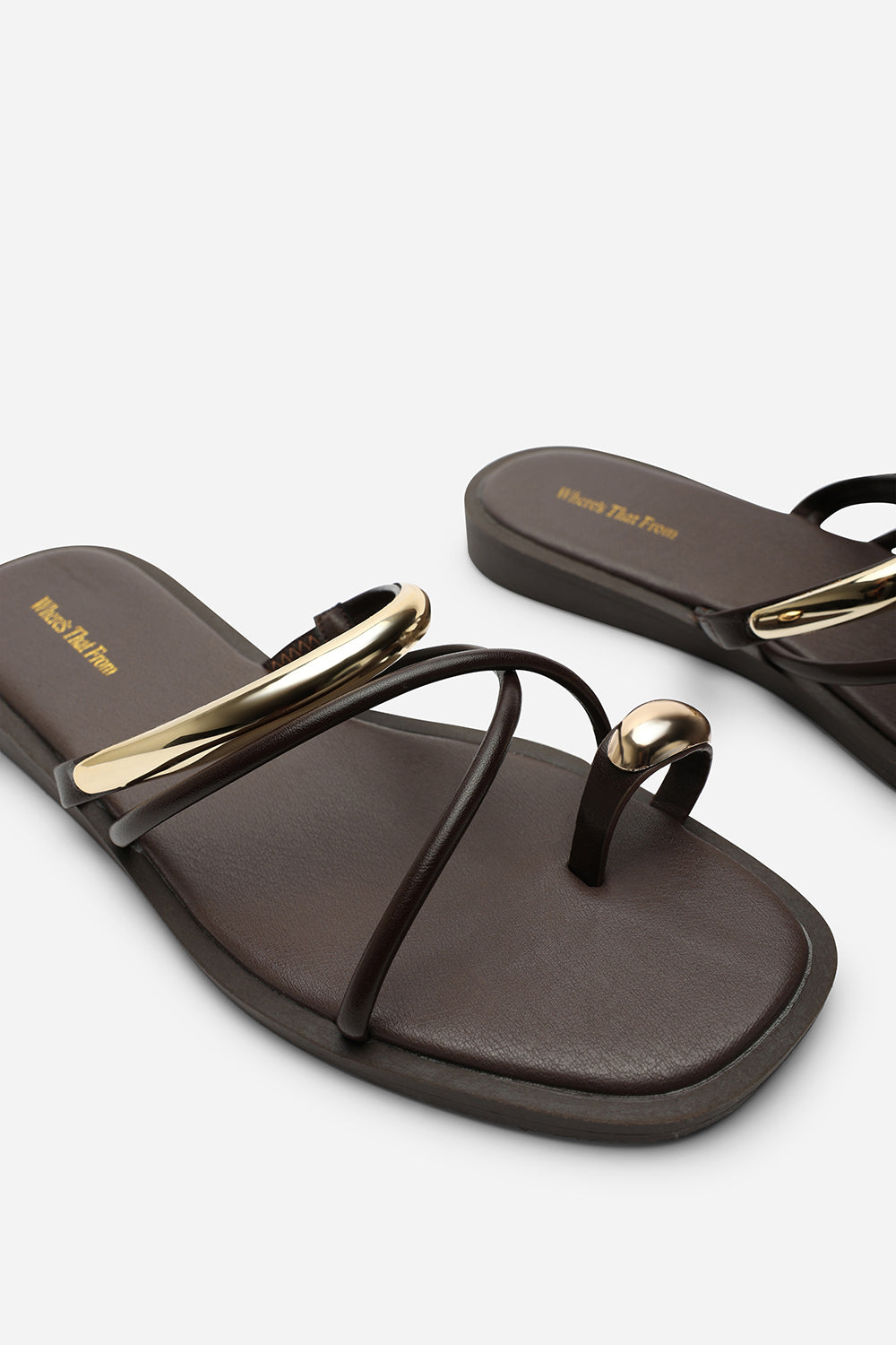 Zelina Strappy Metal Toe Loop Dark Brown Slide On Sandal