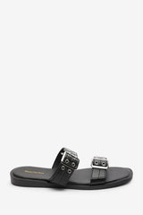 Orchard Black Slide On Double Buckle Studded Sandal