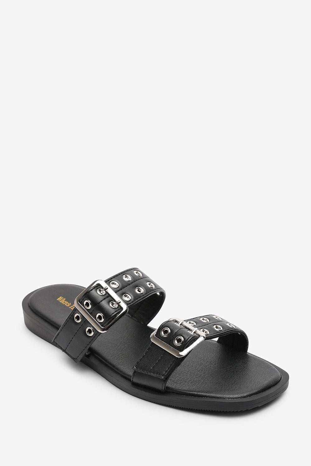 Orchard Black Slide On Double Buckle Studded Sandal