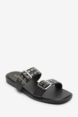 Orchard Black Slide On Double Buckle Studded Sandal