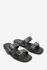 Orchard Black Slide On Double Buckle Studded Sandal