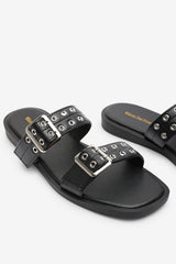 Orchard Black Slide On Double Buckle Studded Sandal