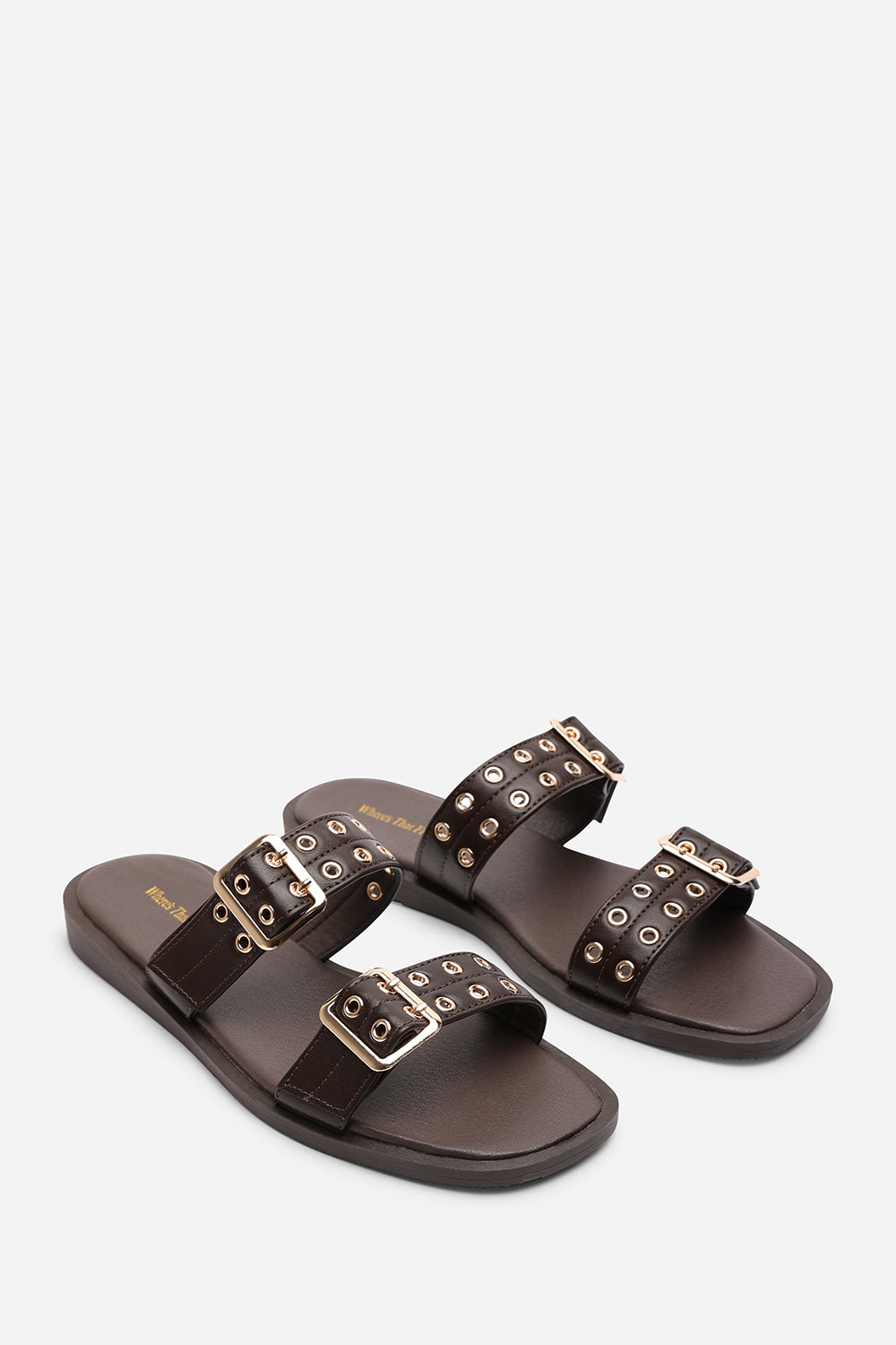 Orchard Dark Brown Slide On Double Buckle Studded Sandal