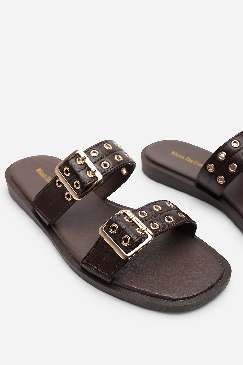 Orchard Dark Brown Slide On Double Buckle Studded Sandal