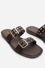 Orchard Dark Brown Slide On Double Buckle Studded Sandal