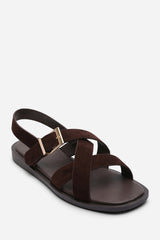 Capri Cross Over Open Toe Dark Brown Suede Sandal