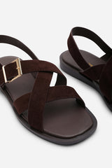 Capri Cross Over Open Toe Dark Brown Suede Sandal