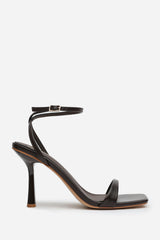 Aubrey Dark Brown Square Toe Heeled Sandals with Buckle Closure