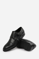 DOMINIC MEN'S FORMAL KEITH BUCKLE TWIN MONK SHOES IN BLACK FAUX LEATHER