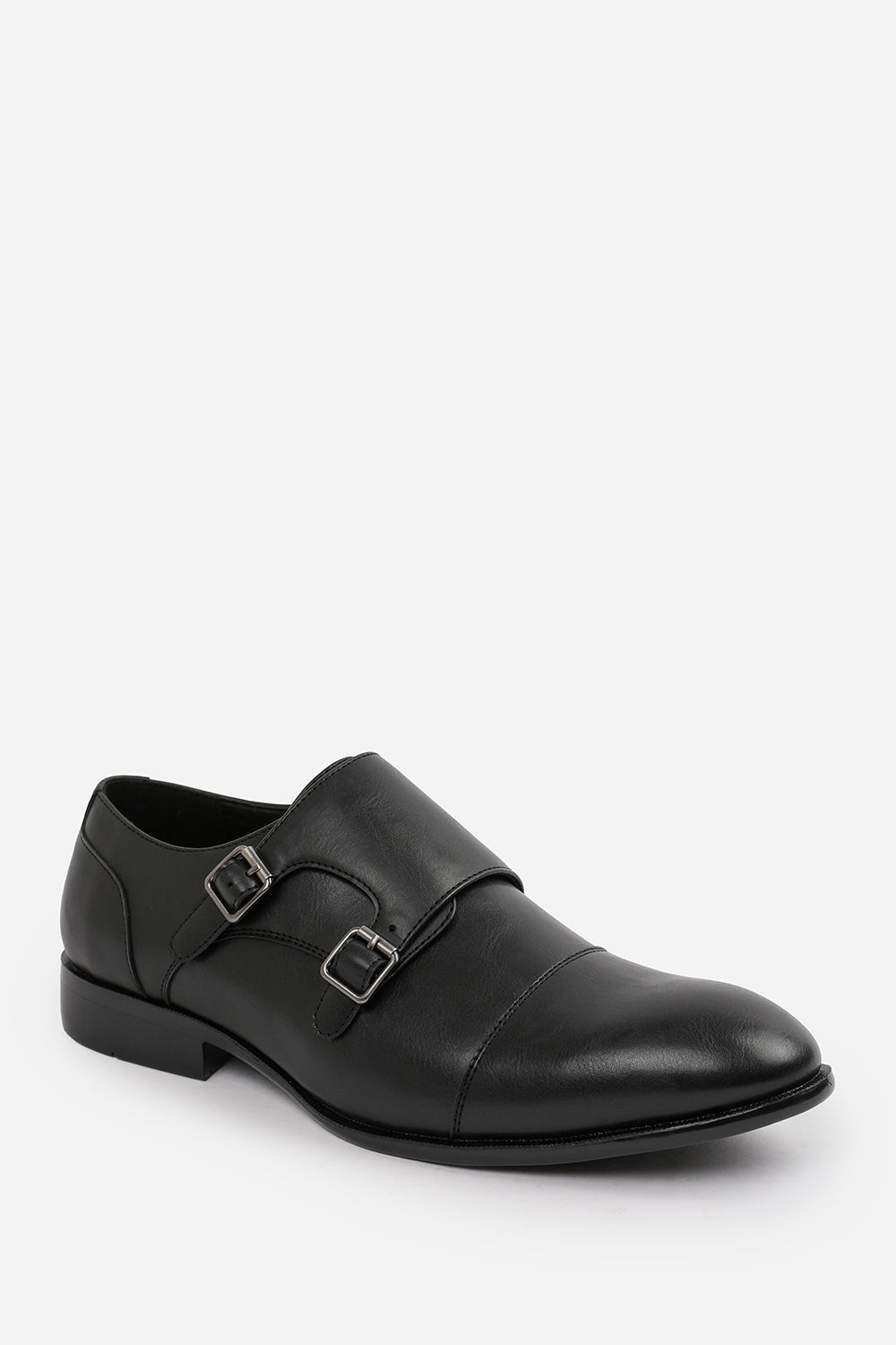 DOMINIC MEN'S FORMAL KEITH BUCKLE TWIN MONK SHOES IN BLACK FAUX LEATHER