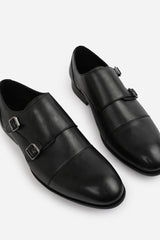 DOMINIC MEN'S FORMAL KEITH BUCKLE TWIN MONK SHOES IN BLACK FAUX LEATHER