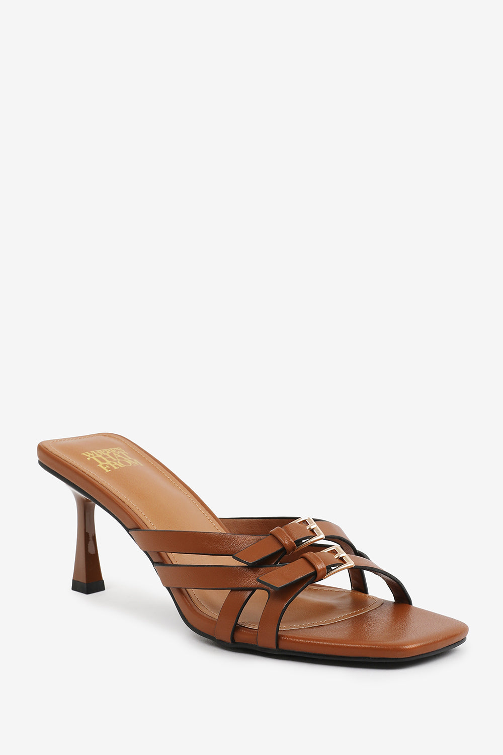 ARIELA WIDE FIT CROSS OVER BUCKLE DETAILS STRAP HEEL IN TAN FAUX LEATHER